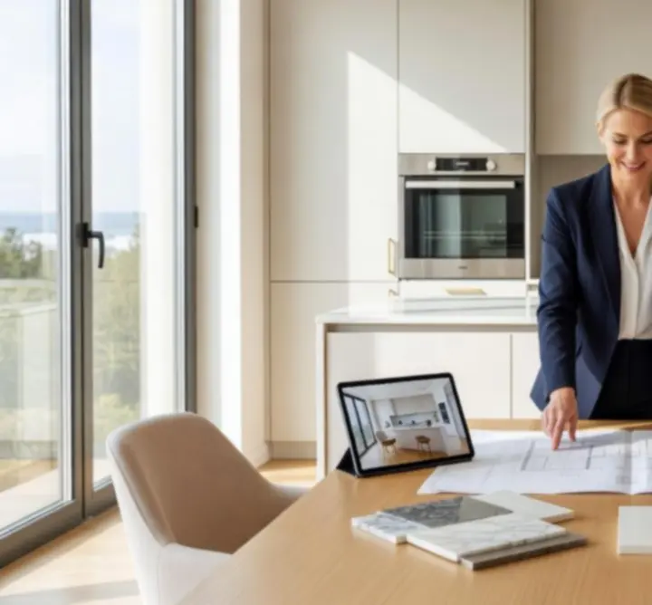 Projektant omawiający projekt kuchni z klientem