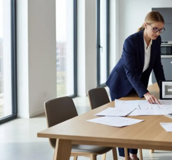 Projektant kuchni omawiający koncepcję z klientami przy wizualizacji wnętrza