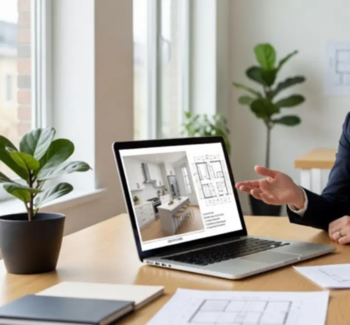 Projektant kuchni podczas konsultacji online przy komputerze