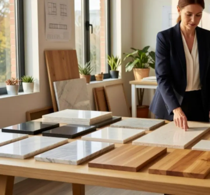 Dobór próbek materiałów, kolorów frontów i blatów do projektu kuchni